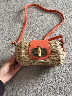 Woven Straw Crossbody Bag with Coral Accent